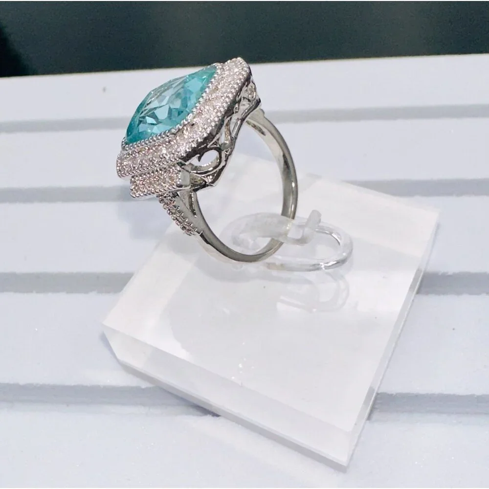 Aquamarine Cubic Zirconia & White Crystal Statement Ring - Picture 10 of 16